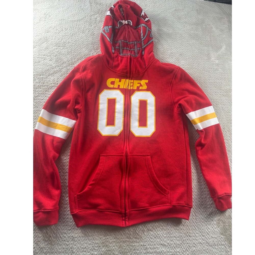 NFL Team Apparel Kansas City Chiefs Youth Zip Up Helmet Mask Hoodie Red Large - Picture 2 of 8